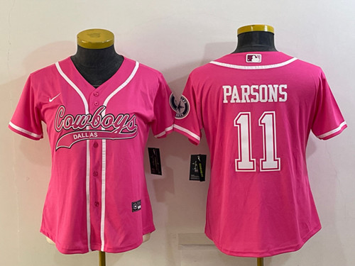 Women's Dallas Cowboys #11 Micah Parsons Pink With Patch Cool Base Stitched Baseball Jersey(Run Small)